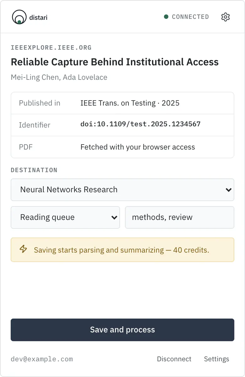 The browser extension saving a paper