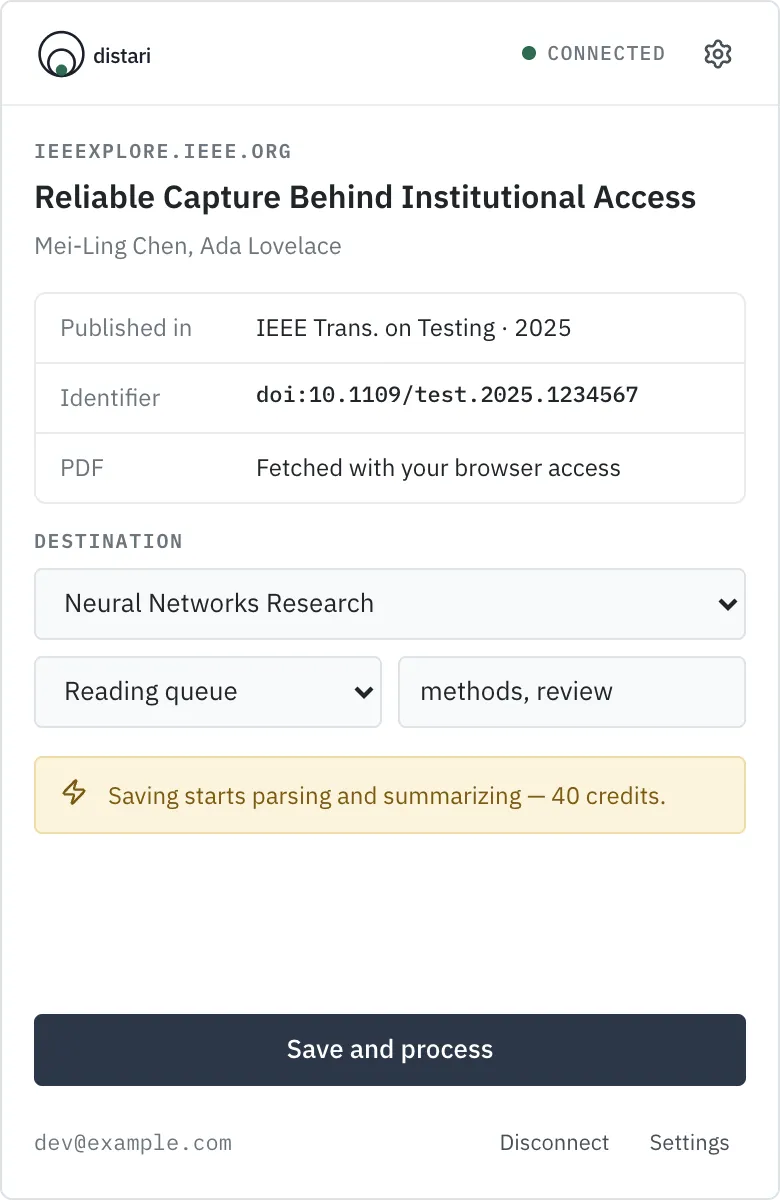 The extension popup saving a paper with its PDF into a project