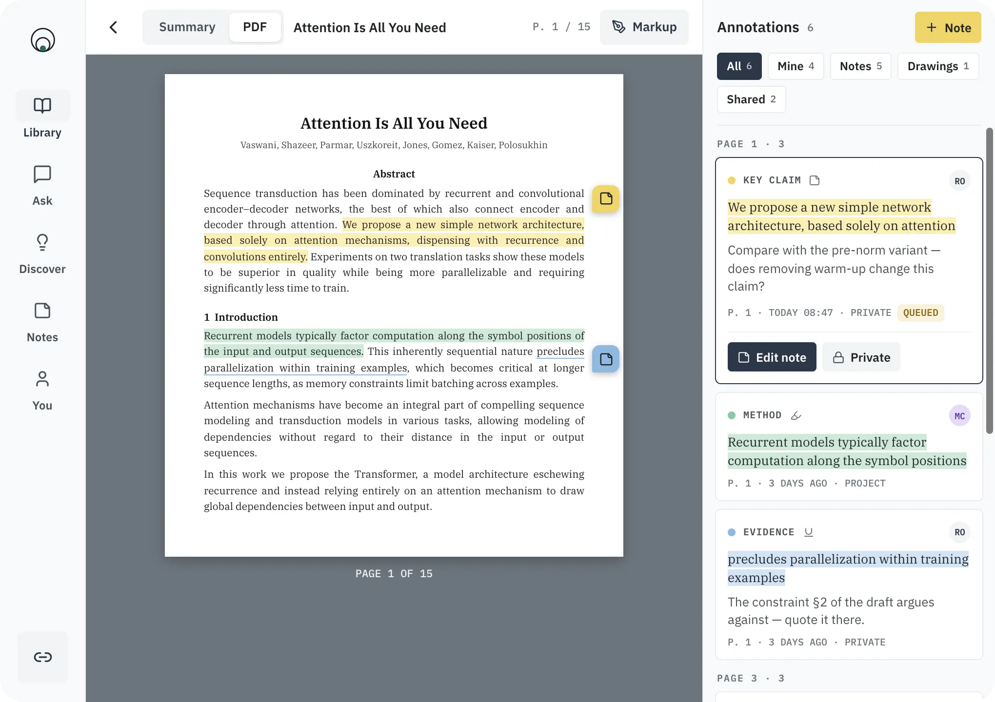 A paper open on a tablet with the annotation column beside it