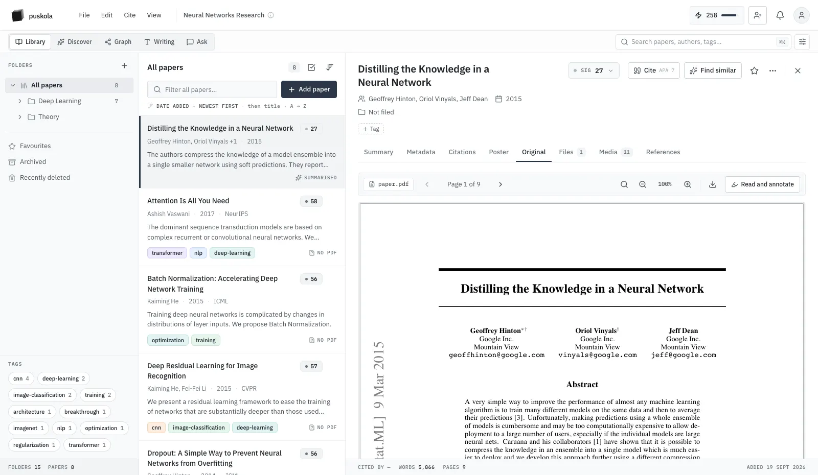 A Distari project library with folders, a paper list, and the original PDF open alongside it